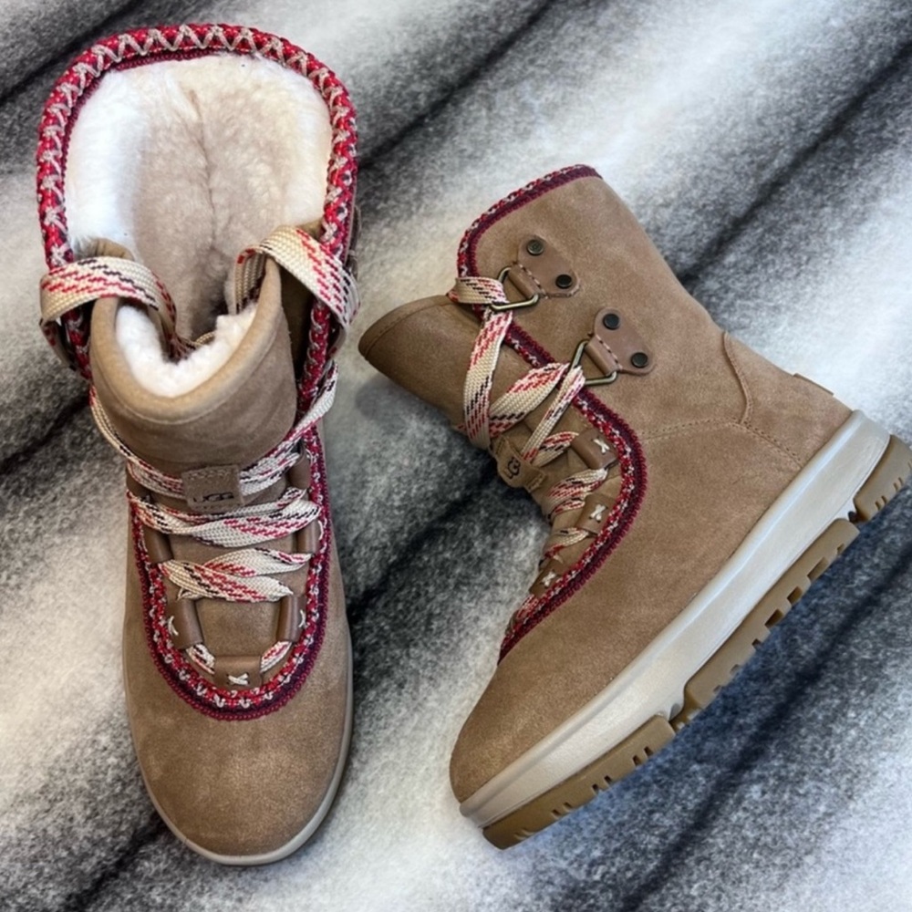 UGG Tan Suede Winter Boots with Red Trim